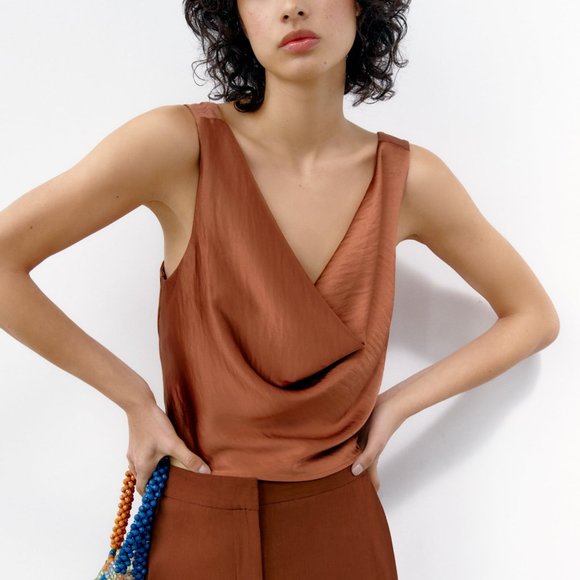 NWT Zara Brown Draped Satin Effect Top - Picture 1 of 15